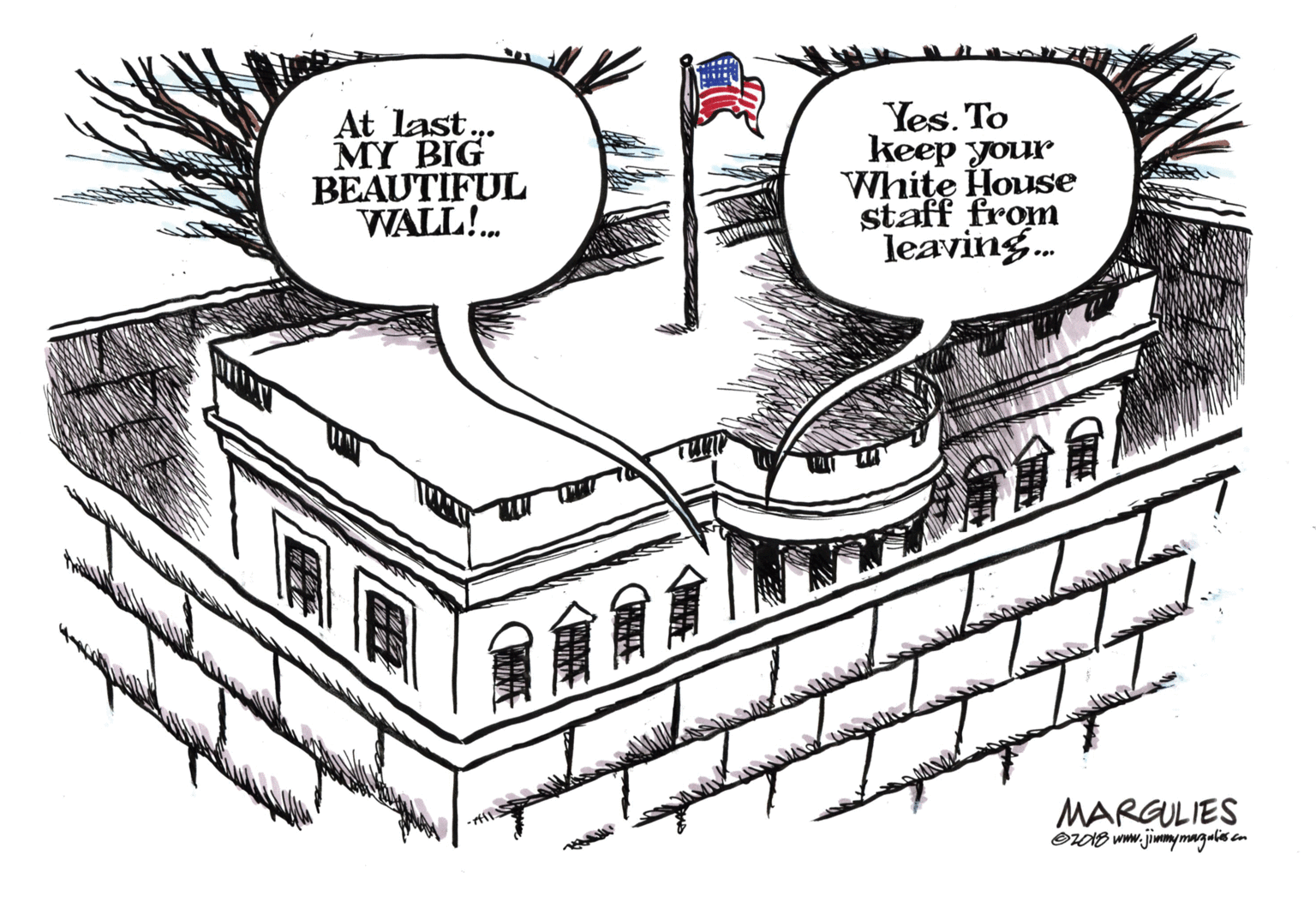 Pattern OCR: At last. MY BIG BEAUTIFUL WALL!. Yes. To keep your White House staff from leaving. ??? MARGULIES At last. MY BIG BEAUTIFUL WALL!. Yes. To keep your White House staff from leaving. ? ? ? MARGULIES