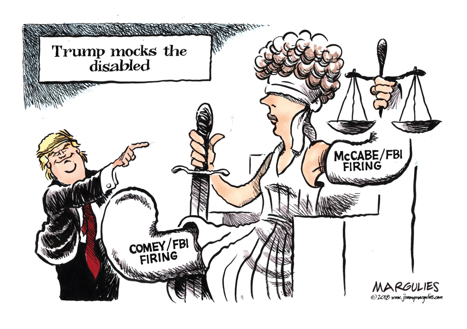 Conversation OCR: Trump mocks the disabled MCCABE/FBI FIRING COMEY/FBI FIRING MARGULIES OZA8 www.jimmymarguelies.com Trump mocks the disabled MCCABE/FBI FIRING COMEY/FBI FIRING MARGULIES OZA8 www.jimmymarguelies.com