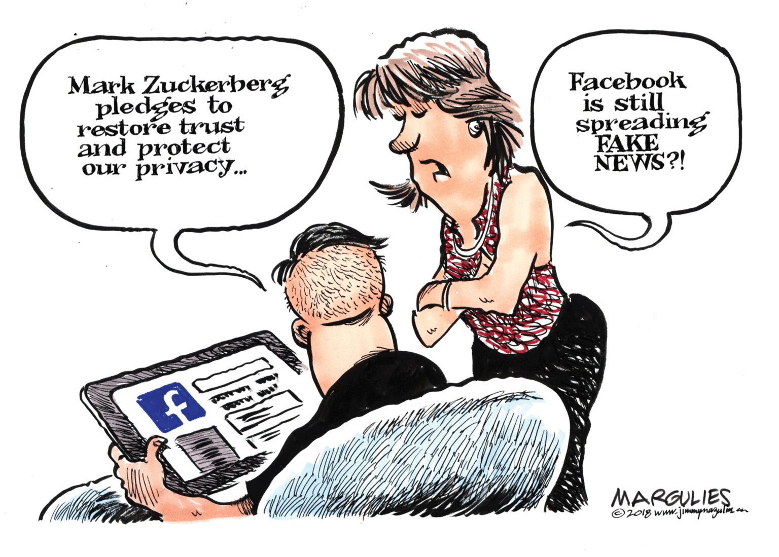 Publication OCR: Mark Zuckerherg pledges to restore trust and protect Our privac. Facebook is still spreading FAKE NEWS?! MARGULIES ©2018 www.jimimynagulm n Mark Zuckerherg pledges to restore trust and protect Our privac. Facebook is still spreading FAKE NEWS?! MARGULIES ©2018 www.jimimynagulm n