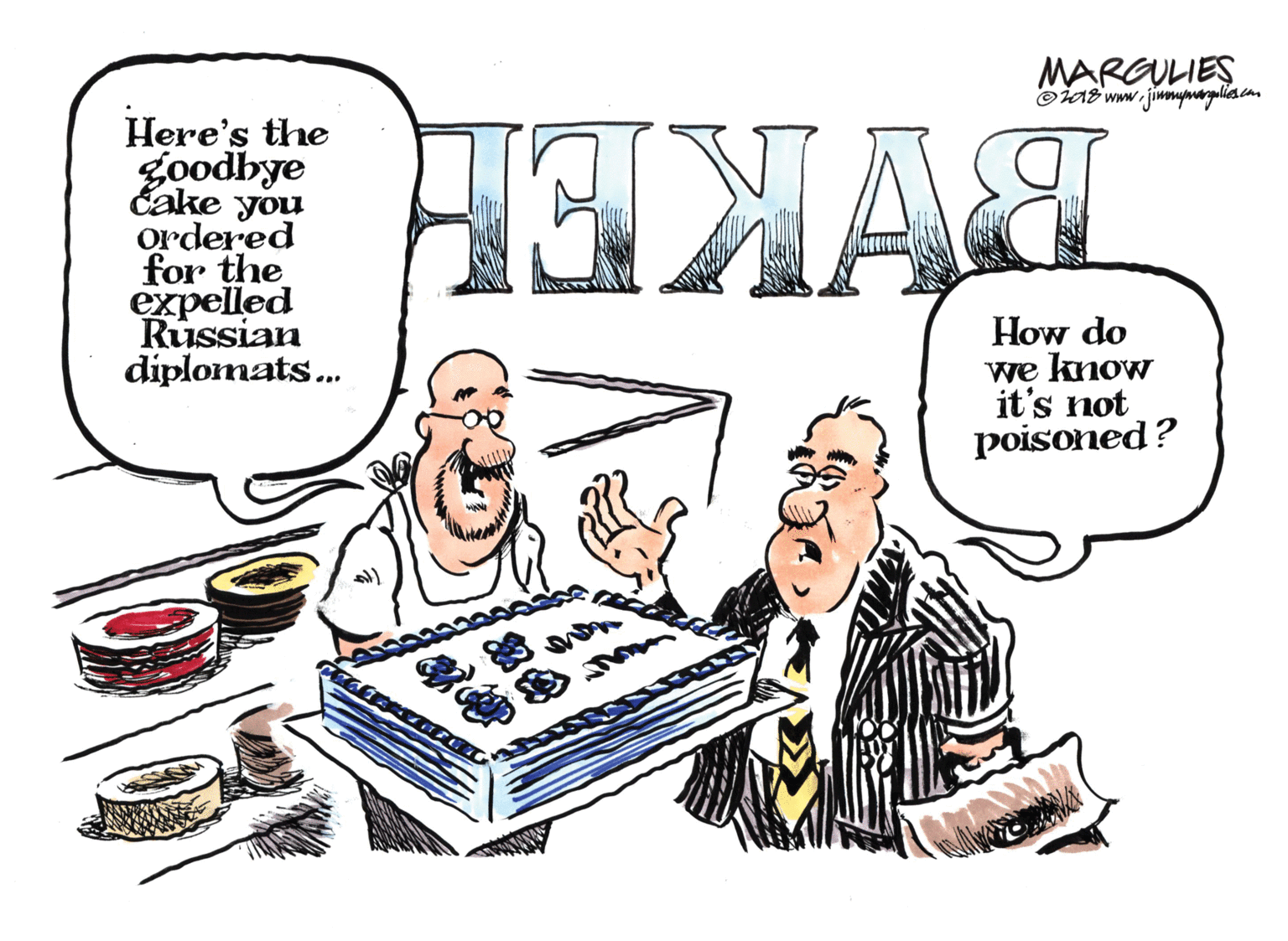 Conversation OCR: MARGULIES Here's the goodbye Eake you ordered for the expelled Russian diplomats. KA How do we know it's not poisoned? MARGULIES Here's the goodbye Eake you ordered for the expelled Russian diplomats. KA How do we know it's not poisoned?