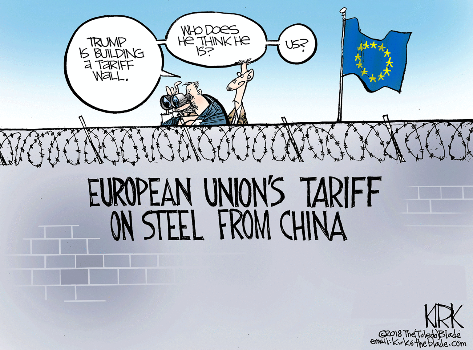 Slope OCR: WHO DOes He THINK HE S? TRUMP 5 BUILDING a TARIFF WALLUS? EUROPEAN UNION'S TARIFF ON STEEL FROM CHINA KIRK R018 The Toled Blade email:kirketheblade.com WHO DOes He THINK HE S? TRUMP 5 BUILDING a TARIFF WALLUS? EUROPEAN UNION'S TARIFF ON STEEL FROM CHINA KIRK R018 The Toled Blade email:kirketheblade.com