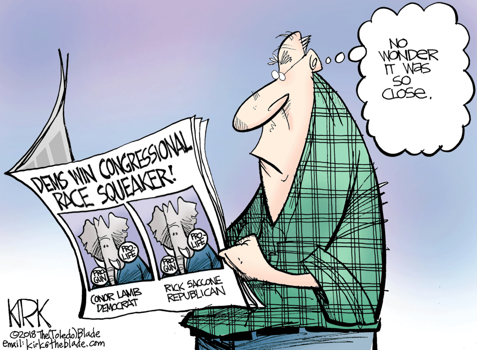 Happy OCR: NO WONDER IT Was SO CLOSERACE SQUEAKER! KRK CONOR LAMB DEMOCRAT RICK SACCONE REPUBLICAN O2018 The Toledo Blade email: kirkotheblade.com NO WONDER IT Was SO CLOSEDEMS WIN CONGRESSIONALRACE SQUEAKER! KRK CONOR LAMB DEMOCRAT RICK SACCONE REPUBLICAN O2018 The Toledo Blade email: kirkotheblade.com
