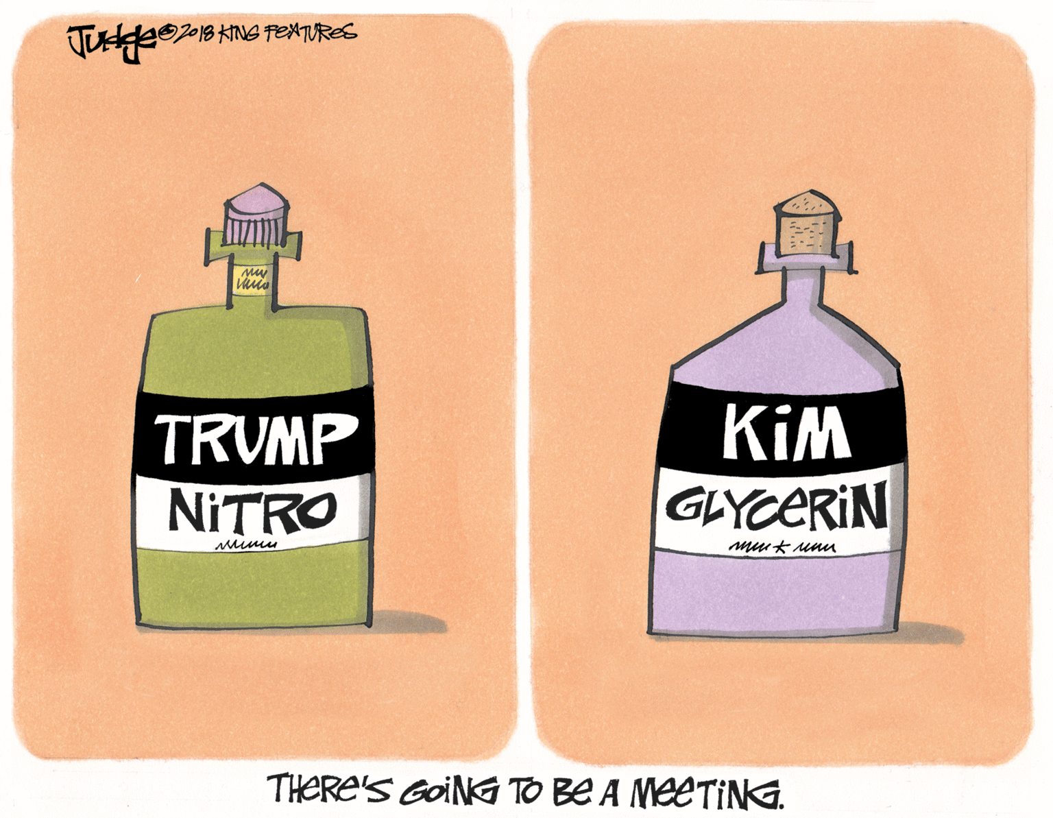 Illustration OCR: 0018KING FEXTURES TRUMP NITRO KIM GLYCERIN THERE'S GOINGG TO BE A MEETING. 0018KING FEXTURES TRUMP NITRO KIM GLYCERIN THERE'S GOINGG TO BE A MEETING.
