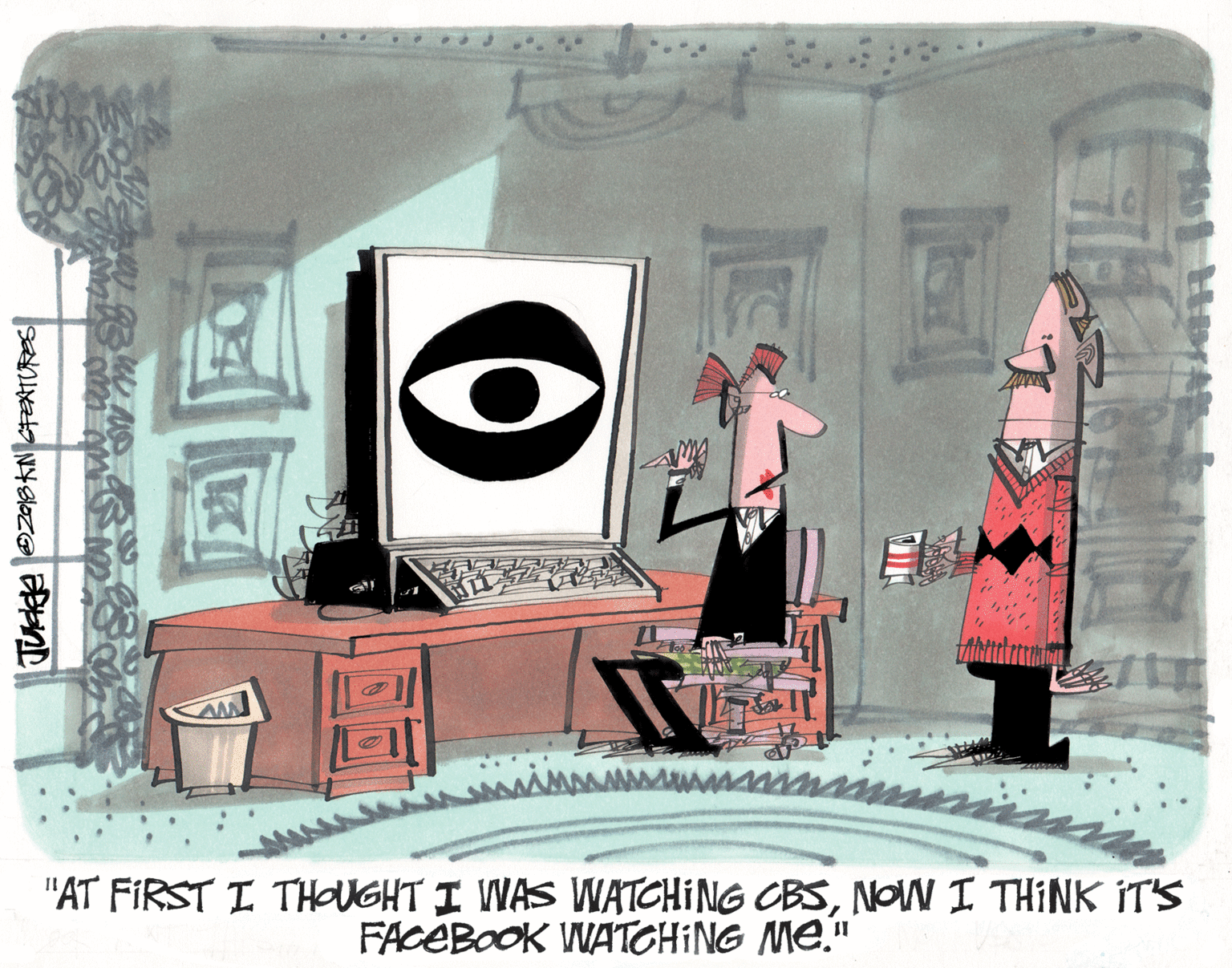 Clip art OCR: AM "AT FIRST I THOUGHT I WAS WATCHING CBSNOW I THINK IT'S FACEBOOK WATCHING ME." AM "AT FIRST I THOUGHT I WAS WATCHING CBSNOW I THINK IT'S FACEBOOK WATCHING ME."