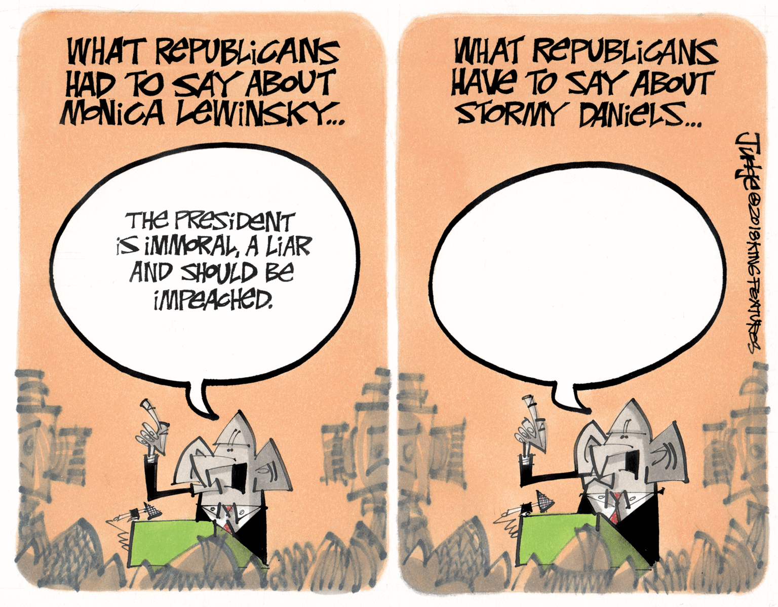 Fiction OCR: WHAT REPUBLICANS HAD TO SAY ABOUT M-NICA LEWINSKY. WHAT REPUBLIGANS HAVE TO SAY ABOUT STORMY DANIEeL. THE PRESIDENT SIMMORALA LIAR AND SHOULD Be IMPEACHED. WHAT REPUBLICANS HAD TO SAY ABOUT M-NICA LEWINSKY. WHAT REPUBLIGANS HAVE TO SAY ABOUT STORMY DANIEeL. THE PRESIDENT SIMMORALA LIAR AND SHOULD Be IMPEACHED.