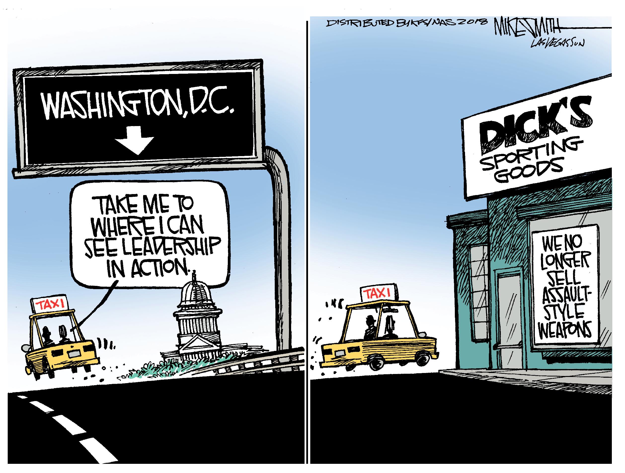 Signage OCR: DISTRIBJTED BYKFS/NASZO18 NMIKEMUH LKVEGAS SUN WASHINGTONDC. DICK'S SPORTING GOODS ???? ?? D WHEREICAN SEE LEADERSHIP IN ACTIONWENO LONGER SELL ASSAULT- STYLE WEAFONS TAXI TAXI DISTRIBJTED BYKFS/NASZO18 NMIKEMUH LKVEGAS SUN WASHINGTONDC. DICK'S SPORTING GOODS ???? ?? D WHEREICAN SEE LEADERSHIP IN ACTIONWENO LONGER SELL ASSAULT- STYLE WEAFONS TAXI TAXI