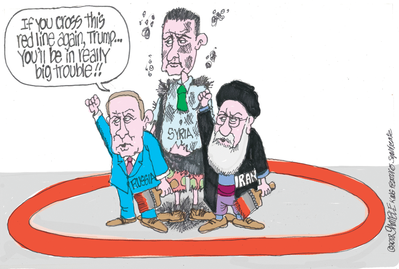 Fictional character OCR: If yoU CIOSS this red line againTrum. YOU'I be in really big trouble!! SYRIA RUSSIAL IRAN If yoU CIOSS this red line againTrum. YOU'I be in really big trouble!! SYRIA RUSSIAL IRAN