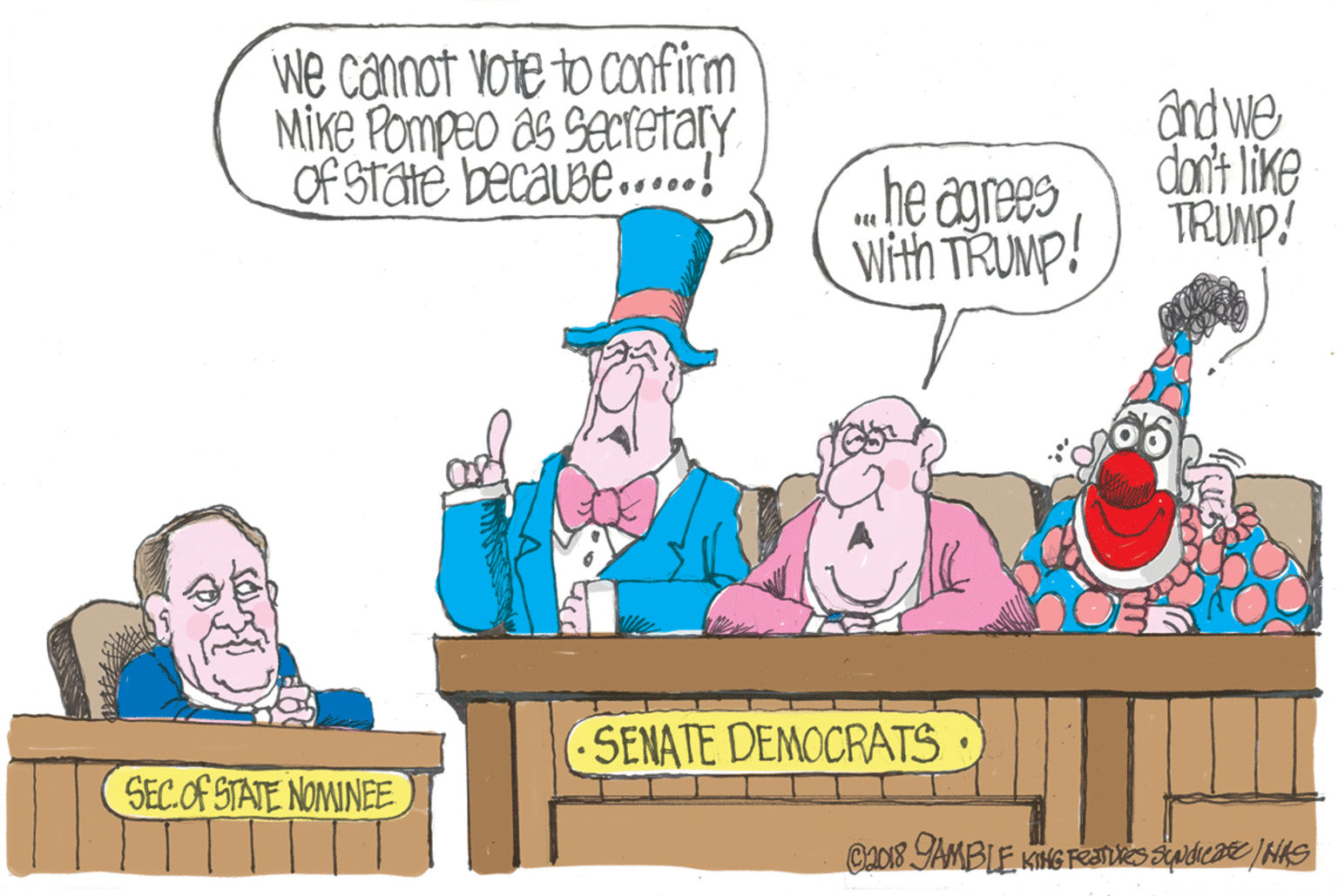 Rectangle OCR: We cannot Vote to confirm MIKE Pompeo as sectetaty Of STate because.." ând we don't like .he agrees With TRUMP! TRUMP SENATE DEMOCRATS SEC.OF STATE NOMINEE We cannot Vote to confirm MIKE Pompeo as sectetaty Of STate because.." ând we don't like .he agrees With TRUMP! TRUMP SENATE DEMOCRATS SEC.OF STATE NOMINEE