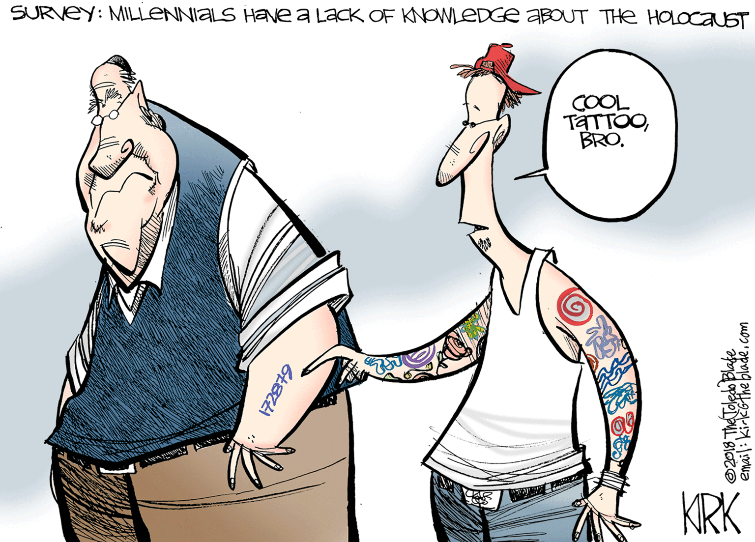 Graphics OCR: SURVEY: MILLENNIALS Have a Lack OF KNOWLEDGE ABOUT THe HOLOCAUST COOL TATTOOBRO. KRK 172879 email: kirkGthe bladecom SURVEY: MILLENNIALS Have a Lack OF KNOWLEDGE ABOUT THe HOLOCAUST COOL TATTOOBRO. KRK 172879 email: kirkGthe blade