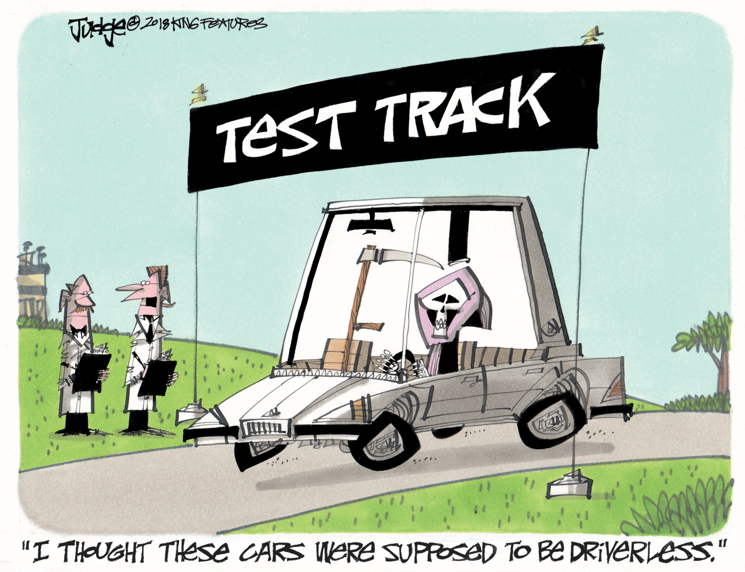 Painting OCR: TEST TRACK .... ... "I THOUGHT THese CARS WERE SUPPOSED TO BE DRIVERLESS" 11 TEST TRACK .... ... "I THOUGHT THese CARS WERE SUPPOSED TO BE DRIVERLESS" 11