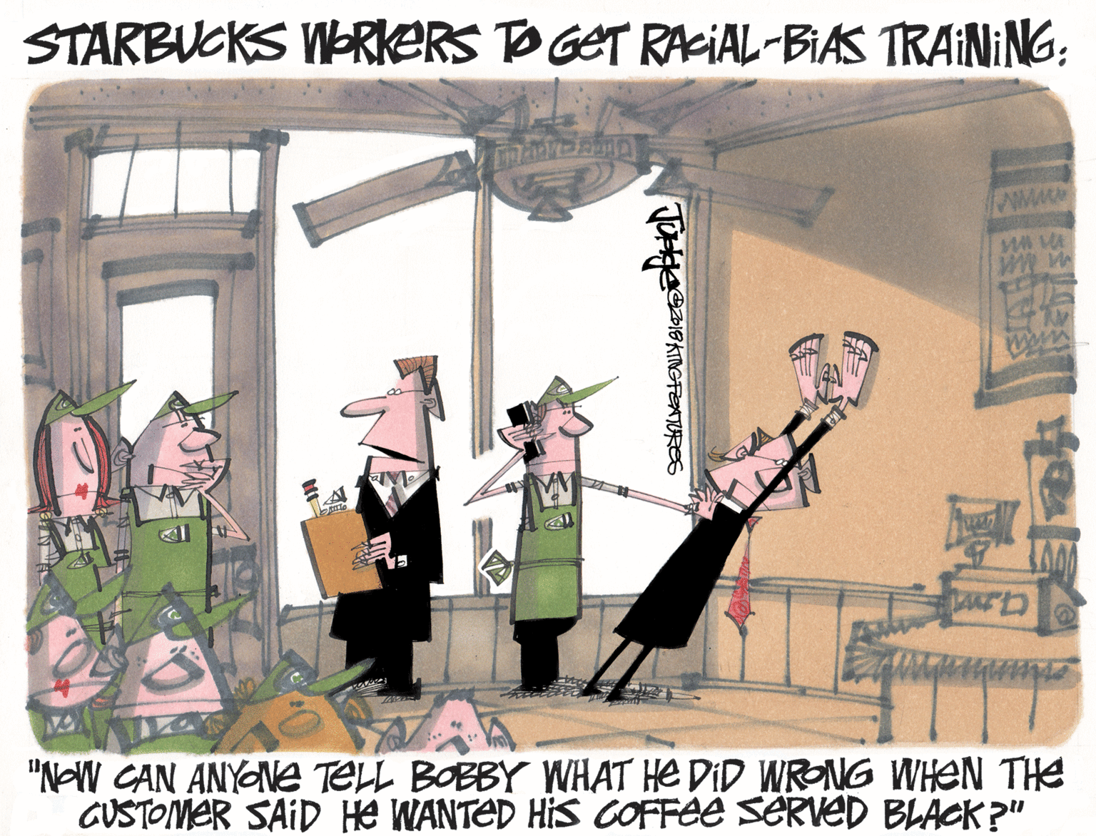 Graphics OCR: STARBUCKS WRKERS TD GET RAkiAL-BIAS TRAINING: "N-W CAN ANYONE TELL BOBBY WHAT HE DID WRONG WHEN THE GUSTOMER SAID He WANTED HIS COFFEE SERVED BLACK?" STARBUCKS WRKERS TD GET RAkiAL-BIAS TRAINING: "N-W CAN ANYONE TELL BOBBY WHAT HE DID WRONG WHEN THE GUSTOMER SAID He WANTED HIS COFFEE SERVED BLACK?"