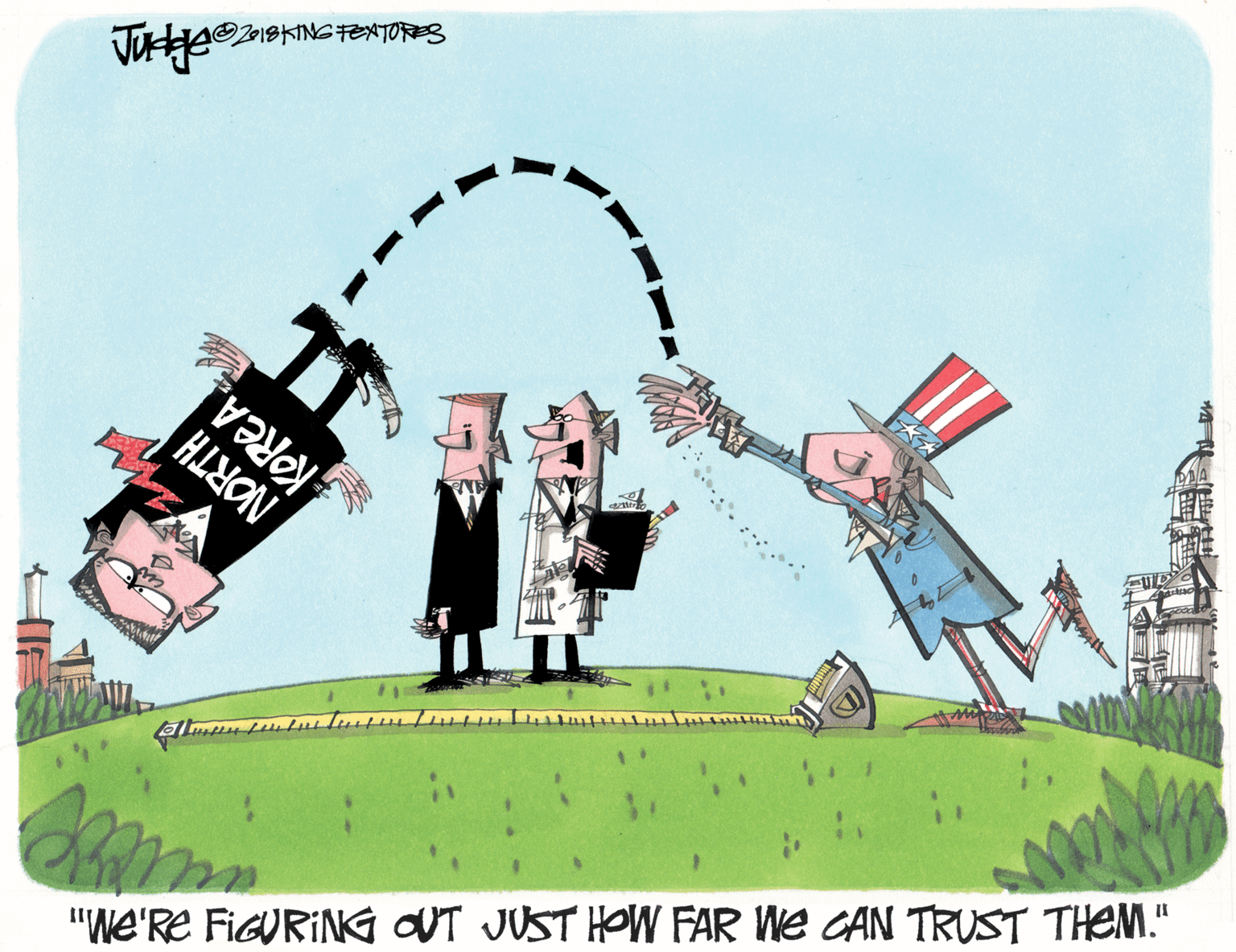 Graphics OCR: "We'RE FIGURING OUT JUST HOW FAR We CAN TRUST THEM." KINCET?R=3 NORTH KOREA. "We'RE FIGURING OUT JUST HOW FAR We CAN TRUST THEM." KINCET ? R = 3 NORTH KOREA.