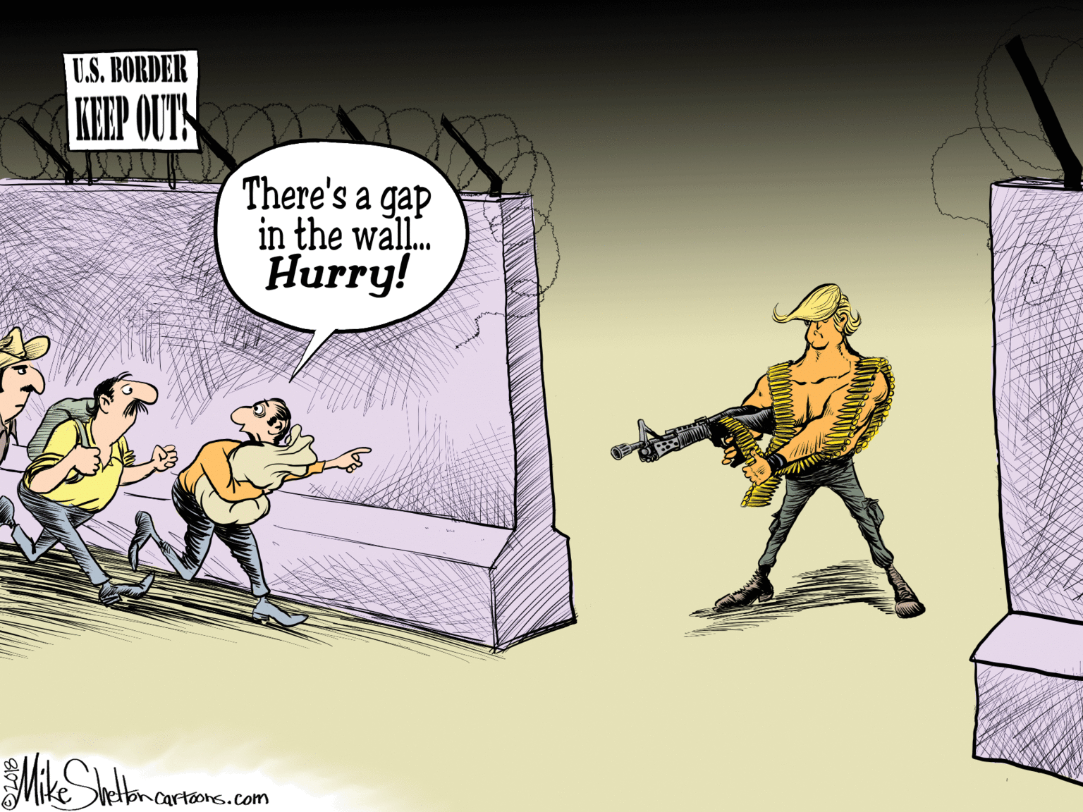 Fiction OCR: U.S. BORDER KEEP OUTS There's a gap in the wall. Hurry! leton cartoons.com U.S. BORDER KEEP OUTS There's a gap in the wall. Hurry! leton cartoons.com