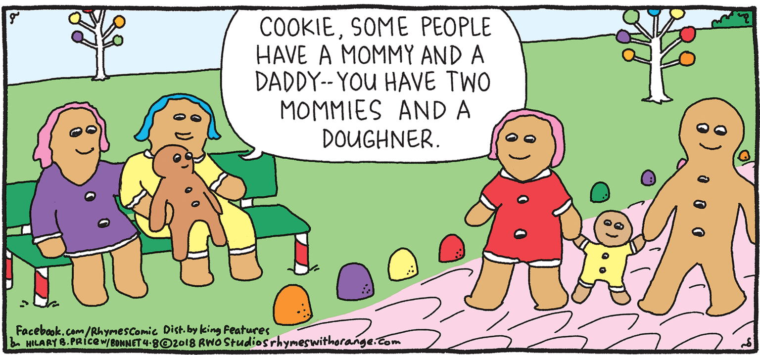 Gesture OCR: COOKIESOME PEOPLE HAVE A MOMMY AND A DADDY.-- YOU HAVE TWO MOMMIES AND A DOUGHNER. & PULO Rhymes with Orange by HIL ARY B. PRICE Facebook.com/RhymesComic Dist. by king Features E HILARY 8. PRÍCE w/BONNET 4-8©2ol8 RWOStudiosrhymeswithorange.Com You're sugar and spice. and eggs and butter and flour. COOKIESOME PEOPLE HAVE A MOMMY AND A DADDY.-- YOU HAVE TWO MOMMIES AND A DOUGHNER. & PULO Rhymes with Orange by HIL ARY B. PRICE Facebook.com/RhymesComic Dist. by king Features E HILARY 8. PRÍCE w/BONNET 4-8©2ol8 RWOStudiosrhymeswithorange.Com You're sugar and spice. and eggs and butter and flour.