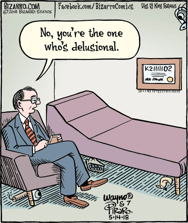 Conversation OCR: BIZARRO.COM © 2018 BIZARRO STUDIOS Facebook.com/BizarroComies Dist Y King FAures Noyou're the one who's delusional. K21|02 Wayno 5.14.18 BIZARRO.COM © 2018 BIZARRO STUDIOS Facebook.com/BizarroComies Dist Y King FAures Noyou're the one who's delusional. K21|02 Wayno 5.14.18
