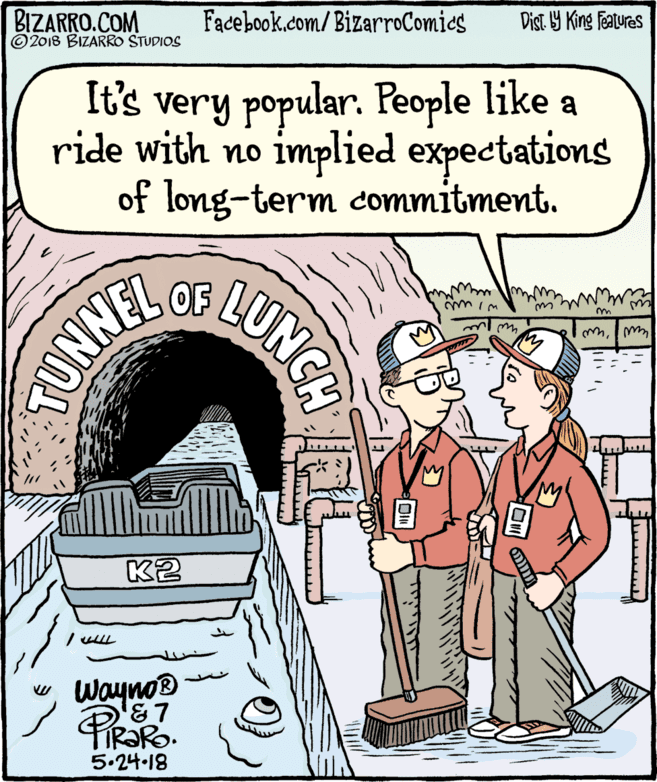 Comics OCR: BIZARRO.COM © 2018 BIZARRO STUDIOS Facebook.com/BizarroComics Dist Y King Fatures It's very popular. People like a ride with no implied expectations of long-term commitment. OF w'uw K2 Wayno® 5.24.18 LUNCH ENNO BIZARRO.COM © 2018 BIZARRO STUDIOS Facebook.com/BizarroComics Dist Y King Fatures It's very popular. People like a ride with no implied expectations of long-term commitment. OF w'uw K2 Wayno® 5.24.18 LUNCH ENNO