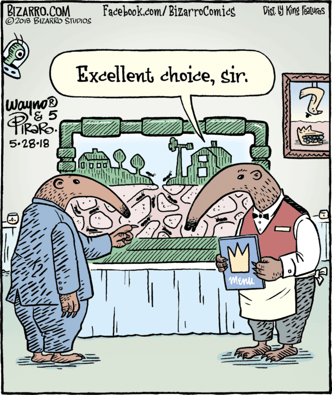 People OCR: BIZARRO.COM © 2018 BIZARRO STUDIOS Facebook.com/ BizarroComics Dist 9 King features Excellent choicesir. wayno '& 5 PiROR 5.28.18 Menu BIZARRO.COM © 2018 BIZARRO STUDIOS Facebook.com/ BizarroComics Dist 9 King features Excellent choicesir. wayno '& 5 PiROR 5.28.18 Menu