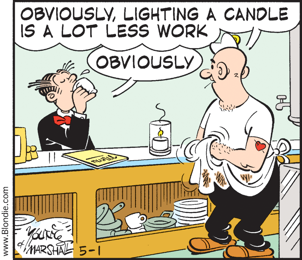Clip art OCR: OBVIOUSLYLIGHTING A CANDLE IS A LOT LESS WORK OBVIOUSLY MARSHAL 5-1 www.Blondie.com OBVIOUSLYLIGHTING A CANDLE IS A LOT LESS WORK OBVIOUSLY MARSHAL 5-1 www.Blondie.com