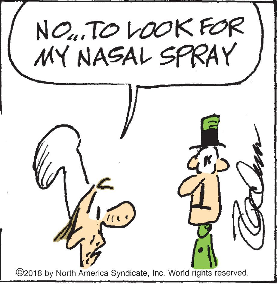 Drawing OCR: NOu TO VOOK FOR MY NASAL SPRAY ©2018 by North America SyndicateInc. World rights reserved. NOu TO VOOK FOR MY NASAL SPRAY ©2018 by North America SyndicateInc. World rights reserved.