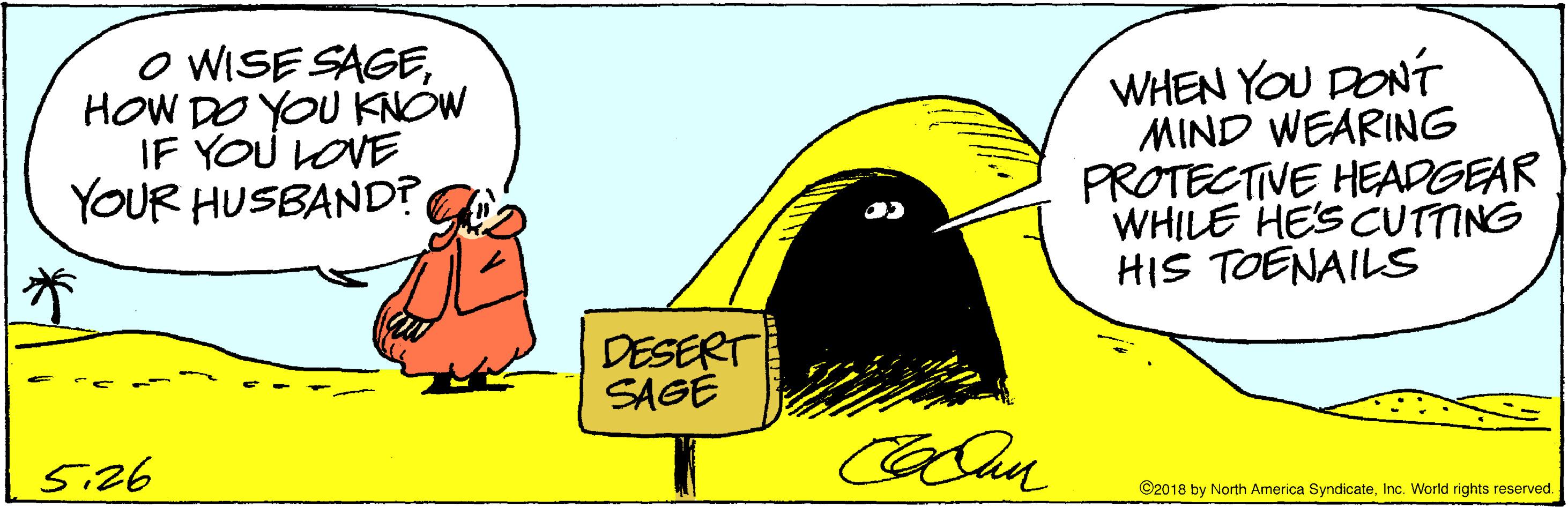 Illustration OCR: O WISE SAGEHOW DO YOU KNÓW IF YOU VOVE YOUR HUSBAND? WHEN YOU DONT MIND WEARING PROTECTIVE HEADGEAR WHILE HES CUTTING HIS TOENAILSS DESERT SAGE 5:26 ©2018 by North America SyndicateInc. World rights reserved. O WISE SAGEHOW DO YOU KNÓW IF YOU VOVE YOUR HUSBAND? WHEN YOU DONT MIND WEARING PROTECTIVE HEADGEAR WHILE HES CUTTING HIS TOENAILSS DESERT SAGE 5:26 ©2018 by North America SyndicateInc. World rights reserved.