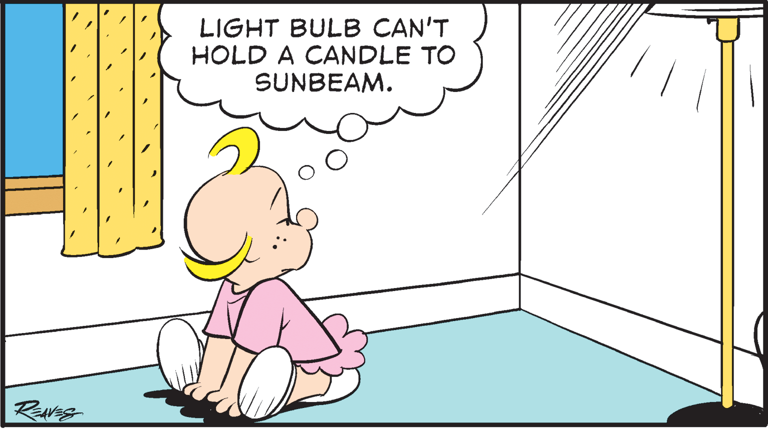 Fictional character OCR: LIGHT BULB CAN'T HOLD A CANDLE TO SUNBEAM. Rves LIGHT BULB CAN'T HOLD A CANDLE TO SUNBEAM. Rves