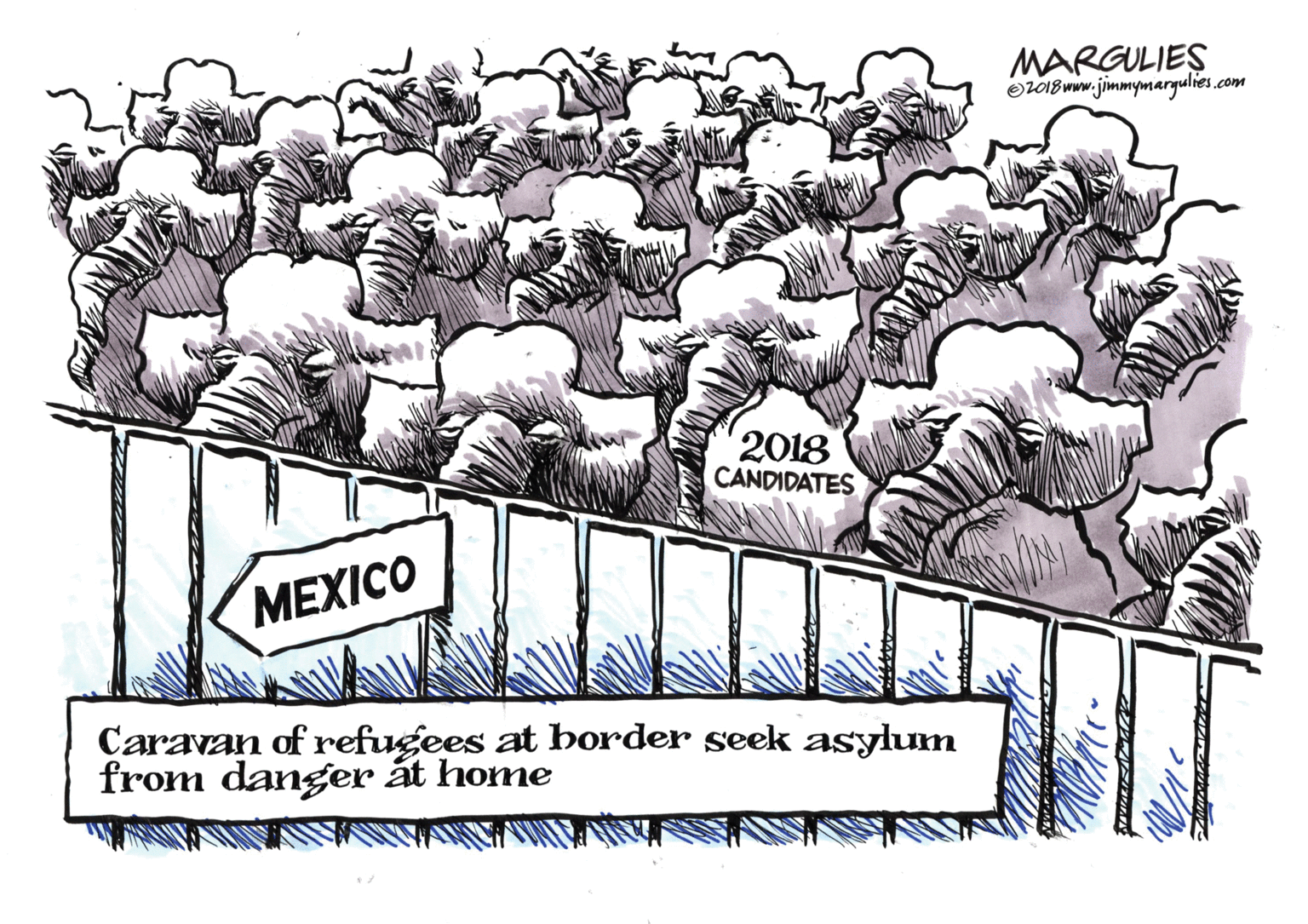 Painting OCR: MARGULIES OrO1B ww. jimmymargulies.com 2018 CANDIDATES MEXICO Caravan of refugees at border seek asylumm from danger át home MARGULIES OrO1B ww. jimmymargulies.com 2018 CANDIDATES MEXICO Caravan of refugees at border seek asylumm from danger át home