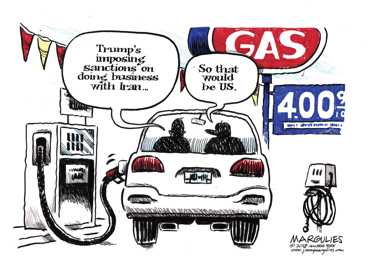 Wheel OCR: GAS Trump's imposing sanctions on doing business with Iran... So that would be US. 1400 MARGULIES O 2018 amNEW YORK www.jimmymargulies.com GAS Trump's imposing sanctions on doing business with Iran... So that would be US. 1400 MARGULIES O 2018 amNEW YORK www.jimmymargulies.com