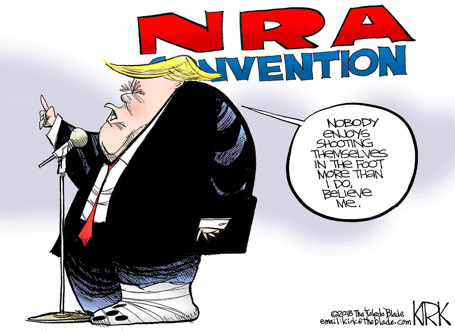 Logo OCR: NRA NVENTION NOBODY ENJOYS SHOOTING THEMSELVES IN THE FOOT MORE THAN I DOBeLIÉve Me. O2018 The Toledo Blade email:kirk6theplade.comI KRK NRA NVENTION NOBODY ENJOYS SHOOTING THEMSELVES IN THE FOOT MORE THAN I DOBeLIÉve Me. O2018 The Toledo Blade email:kirk6theplade.comI KRK
