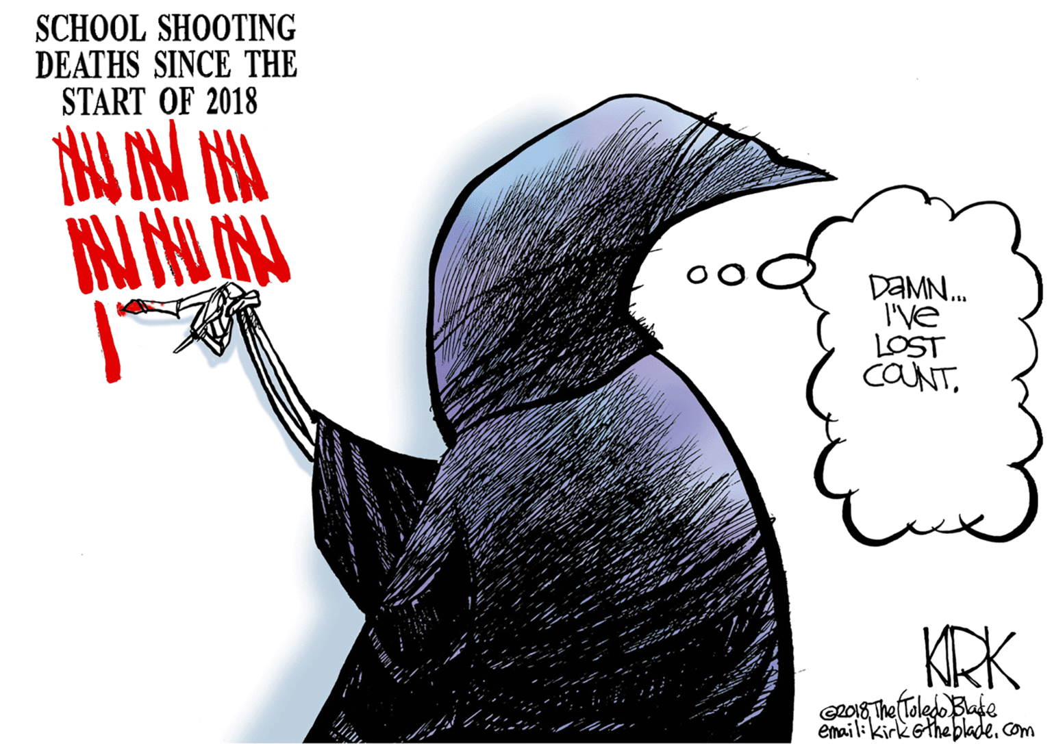 Drawing OCR: SCHOOL SHOOTING DEATHS SINCE THE START OF 2018 DAMN. I've LOST CONTKRK e06 The (Toledo Blase emailikirketheblade.com SCHOOL SHOOTING DEATHS SINCE THE START OF 2018 DAMN. I've LOST CONTKRK e06 The (Toledo Blase emailikirketheblade.com