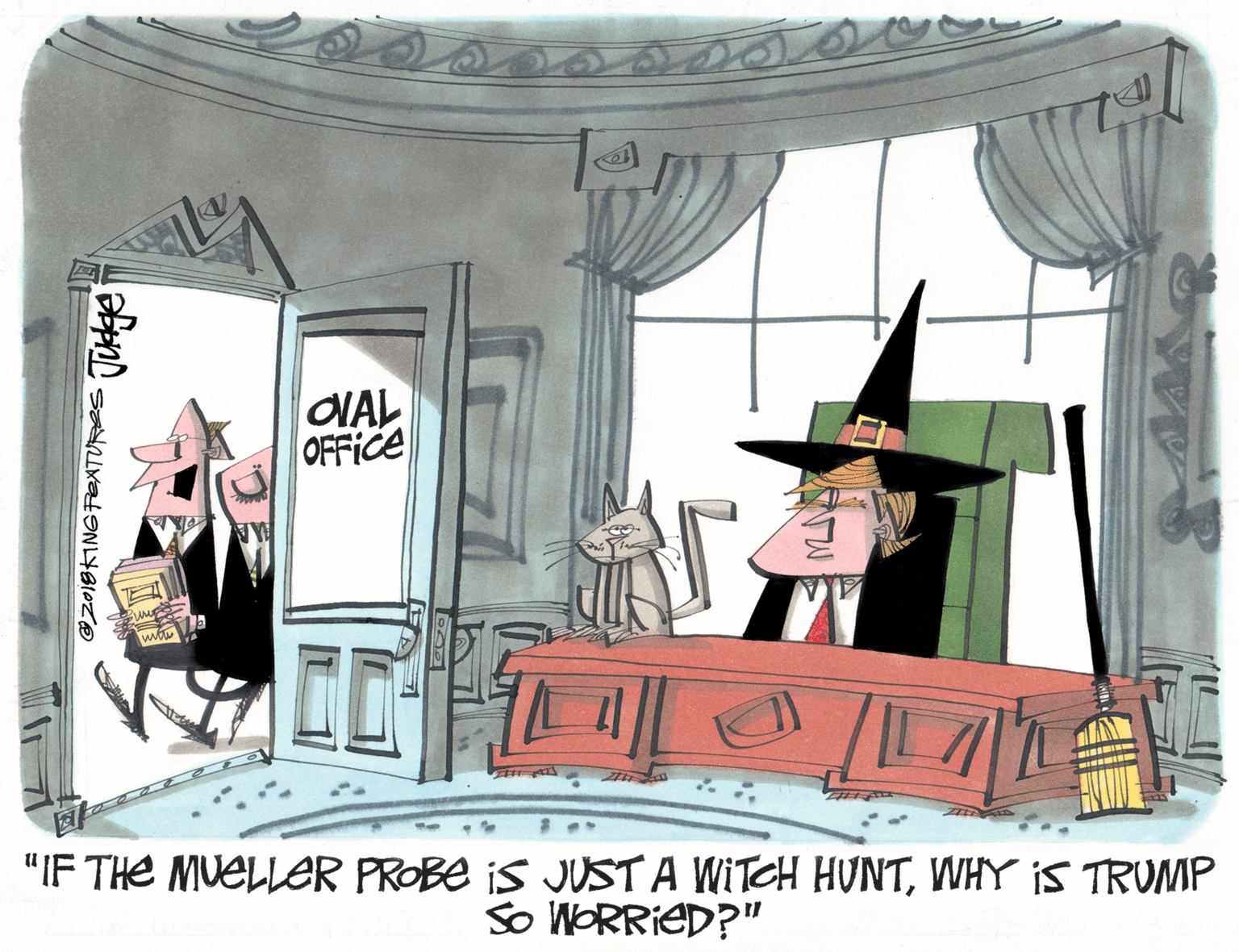Graphic design OCR: OIAL OFFICE "IF THE MUELLER PROBE iS JUST A WITCH HUNTWHY iS TRUMP So WORRIED?" OIAL OFFICE "IF THE MUELLER PROBE iS JUST A WITCH HUNTWHY iS TRUMP So WORRIED?"