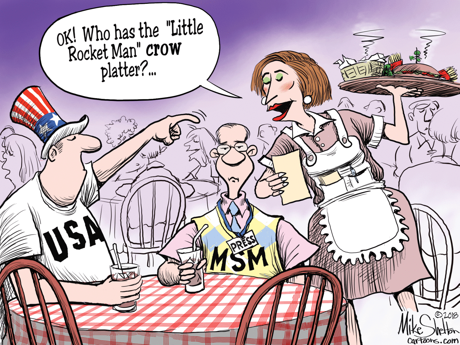 Pink OCR: OK! Who has the "Little Rocket Man" crow platter?. USA MSM PRESS OL018 Cartoons.com OK! Who has the "Little Rocket Man" crow platter?. USA MSM PRESS OL018 Cartoons.com