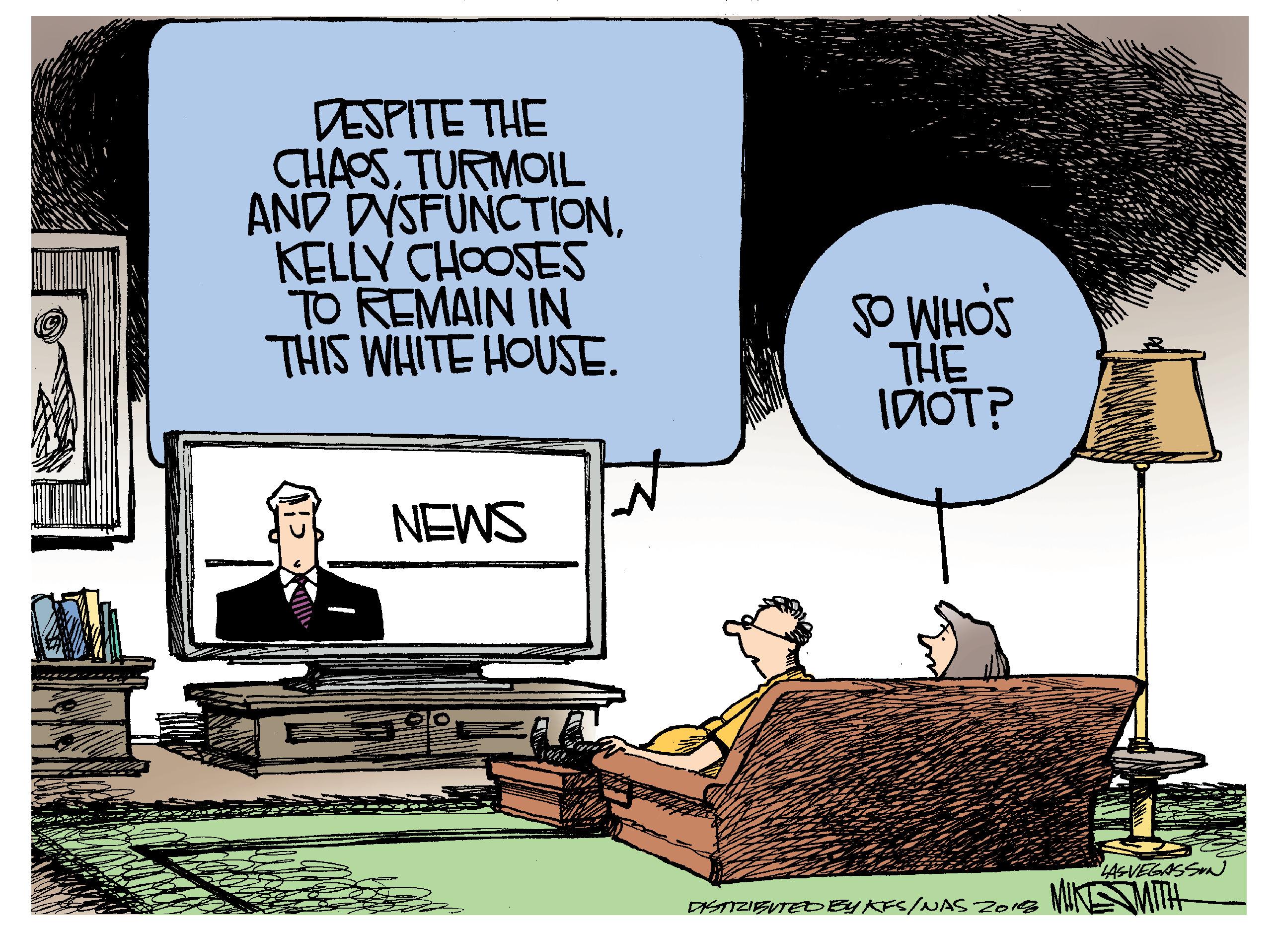 Animated cartoon OCR: DESPITE THE CHAPSTURMOIL AND DYSFUNCTIONKELLY CHOOSES TO REMAIN IN THIS WHITE HOUSE. so WHOS THE IÕIOT? NEWS "14GVEGASS MINS MITH DSTIZIESUTEDBYKFS/NAS Z01G DESPITE THE CHAPSTURMOIL AND DYSFUNCTIONKELLY CHOOSES TO REMAIN IN THIS WHITE HOUSE. so WHOS THE IÕIOT? NEWS "14GVEGASS MINS MITH DSTIZIESUTEDBYKFS/NAS Z01G
