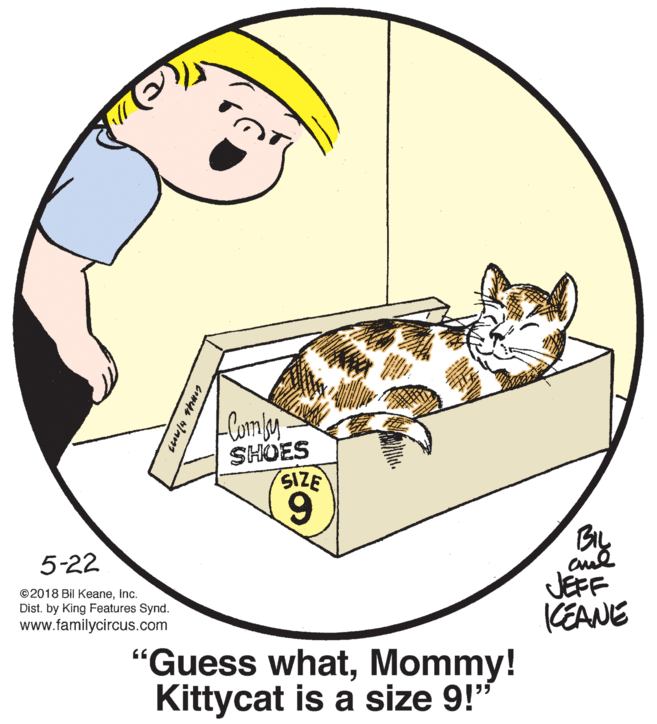 Illustration OCR: Comby SHOES SIZE 6BIL 5-22 ©2018 Bil KeaneInc. Dist. by King Features Synd. www.familycircus.com JEFF KEANE "Guess whatMommy! Kittycat is a size 9!" Comby SHOES SIZE 6BIL 5-22 ©2018 Bil KeaneInc. Dist. by King Features Synd. www.familycircus.com JEFF KEANE "Guess whatMommy! Kittycat is a size 9!"