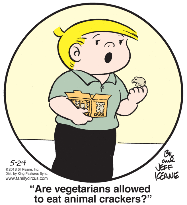 Gesture OCR: 5-24 JEFF KEANE "Are vegetarians allowed to eat animal crackers?" ©2018 Bil KeaneInc. Dist. by King Features Synd. www.familycircus.com 5-24 JEFF KEANE "Are vegetarians allowed to eat animal crackers?" ©2018 Bil KeaneInc. Dist. by King Features Synd. www.familycircus.com