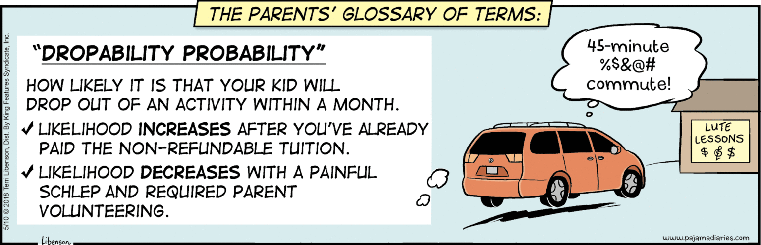 Vehicle door OCR: THE PARENTS' GLOSSARY OF TERMS: 45-minute %$&@# commute! "DROPABILITY PROBABILITY" HOW LIKELY IT IS THAT YOUR KID WILL DROP OUT OF AN ACTIVITY WITHIN A MONTH. V LIKELIHOOD INCREASES AFTER YOU'VE ALREADY PAID THE NON-REFUNDABLE TUITION. LUTE LESSONS $ $ $ V LIKELIHOOD DECREASES WITH A PAINFUL SCHLEP AND REQUIRED PARENT VOLUNTEERING. Libenson www.pajamadiaries.com THE PARENTS' GLOSSARY OF TERMS: 45-minute %$&@# commute! "DROPABILITY PROBABILITY" HOW LIKELY IT IS THAT YOUR KID WILL DROP OUT OF AN ACTIVITY WITHIN A MONTH. V LIKELIHOOD INCREASES AFTER YOU'VE ALREADY PAID THE NON-REFUNDABLE TUITION. LUTE LESSONS $ $ $ V LIKELIHOOD DECREASES WITH A PAINFUL SCHLEP AND REQUIRED PARENT VOLUNTEERING. Libenson www.pajamadiaries.com