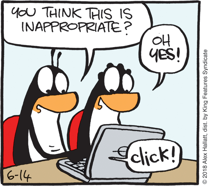 Bird OCR: you THINK THIS IS INAPPROPRIATE? OH YES! click! 6-14 © 2018 Alex Hallattdist. by King Features Syndicate you THINK THIS IS INAPPROPRIATE? OH YES! click! 6-14 © 2018 Alex Hallattdist. by King Features Syndicate