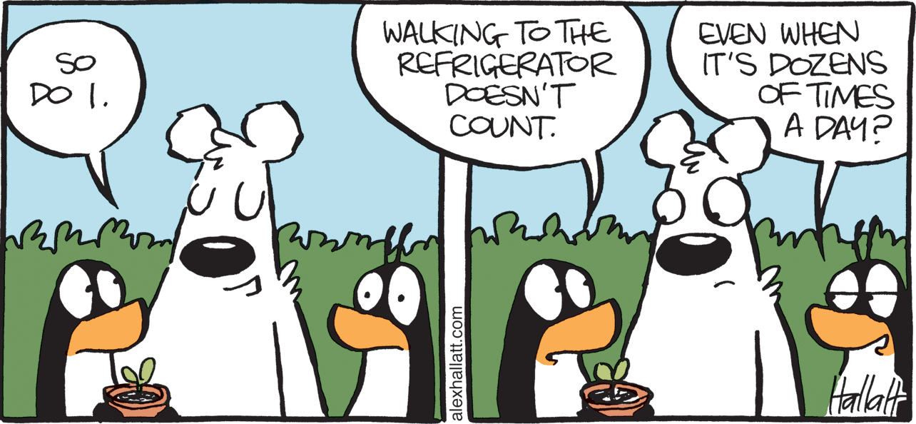 Fiction OCR: WALKING TO THE REFRIGERATOR DOESN'T COUNT. EVEN WHEN IT'S DOZENS OF TIMES A DAY? SO DO I. fallat alexhallatt.com WALKING TO THE REFRIGERATOR DOESN'T COUNT. EVEN WHEN IT'S DOZENS OF TIMES A DAY? SO DO I. fallat alexhallatt.com