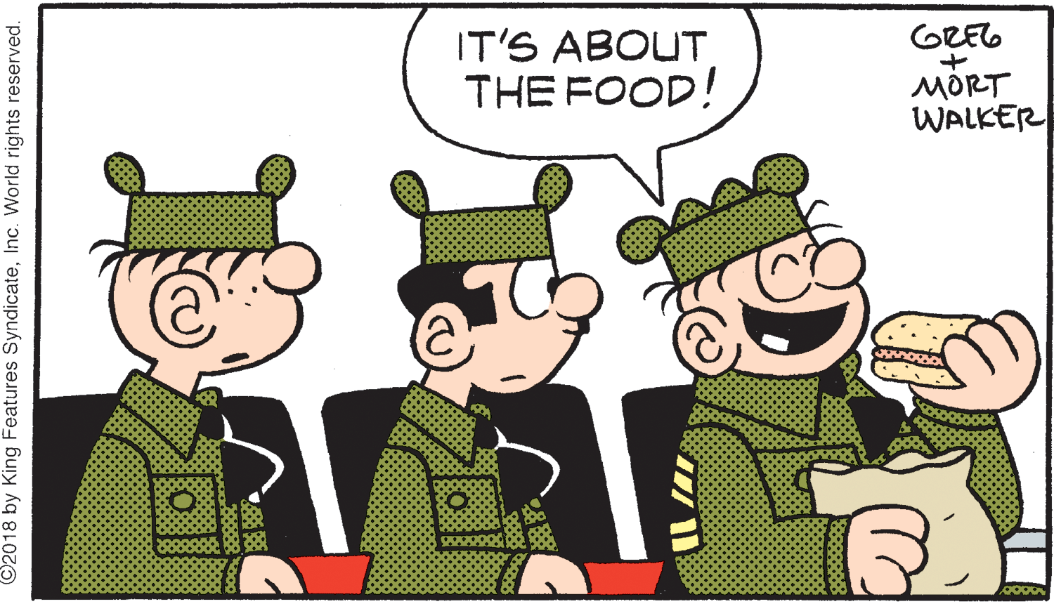 Gesture OCR: GREL IT'S ABOUT. THE FOOD! MORT WALKER 2018 by King Features SyndicateInc. World rights reserved. GREL IT'S ABOUT. THE FOOD! MORT WALKER 2018 by King Features SyndicateInc. World rights reserved.