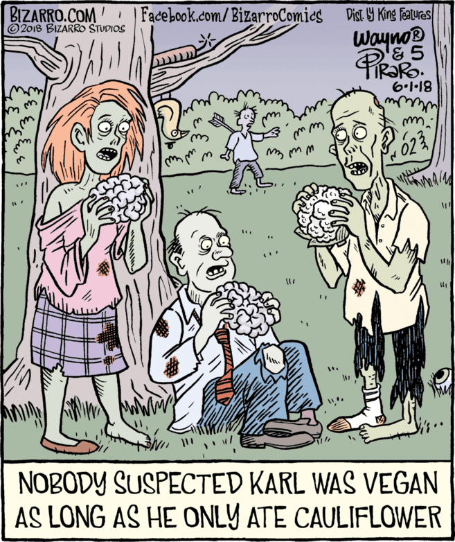 Organism OCR: Dist. Y King Features wayno® BIZARRO.COM © 2018 BIZARRO STUDIOS Facebook.com/BizarroComics 6.1·18 w ww NOBODY SUSPECTED KARL WAS VEGAN AS LONG AS HE ONLY ATE CAULIFLOWER Dist. Y King Features wayno® BIZARRO.COM © 2018 BIZARRO STUDIOS Facebook.com/BizarroComics 6.1·18 w ww NOBODY SUSPECTED KARL WAS VEGAN AS LONG AS HE ONLY ATE CAULIFLOWER
