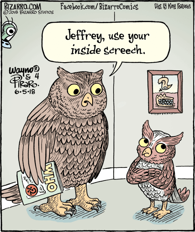 Rectangle OCR: BIZARRO.COM © 2018 BIZARRO STUDIOS Facebook.com/BizarroComies Dist Y King Features Jeffreyuse your inside screech. Wayno PiRaRo & 4 6.5•18 WHO BIZARRO.COM © 2018 BIZARRO STUDIOS Facebook.com/BizarroComies Dist Y King Features Jeffreyuse your inside screech. Wayno PiRaRo & 4 6.5•18 WHO