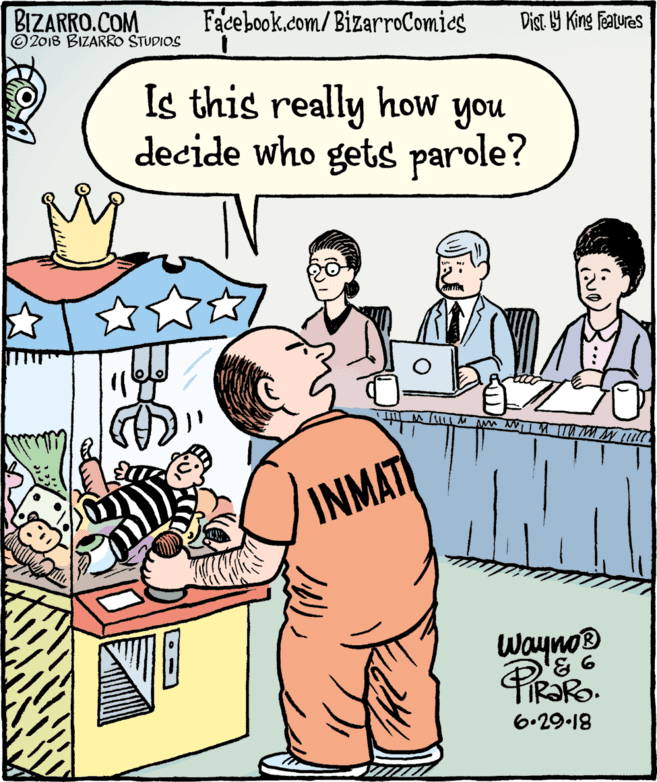 Parallel OCR: BIZARRO.COM © 2018 BIZARRO STUDIOS Facebook.com/BizarroComics Dist Y King Features Is this really how you decide who gets parole? INMAT Wayno 6.29.18 BIZARRO.COM © 2018 BIZARRO STUDIOS Facebook.com/BizarroComics Dist Y King Features Is this really how you decide who gets parole? INMAT Wayno 6.29.18
