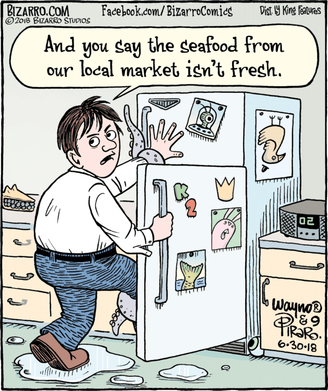 Humour OCR: BIZARRO.COM © 2018 BIZARRO STUDIOS Facebook.com/BizarroComies Dist Y King Features And you say the seafood from our local market isn't fresh. Wayno® 6-30-18 BIZARRO.COM © 2018 BIZARRO STUDIOS Facebook.com/BizarroComies Dist Y King Features And you say the seafood from our local market isn't fresh. Wayno® 6-30-18