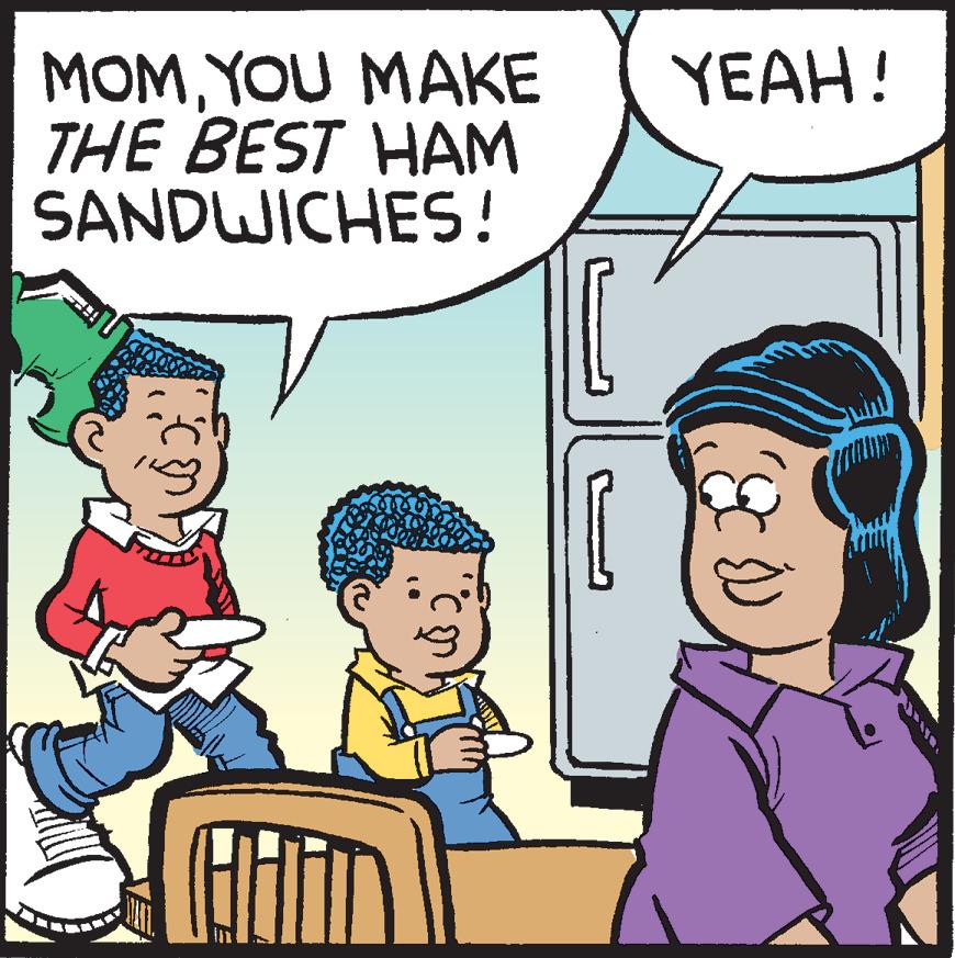 Conversation OCR: MOMYOU MAKE THE BEST HAM SANDWICHES! YEAH! MOMYOU MAKE THE BEST HAM SANDWICHES! YEAH!