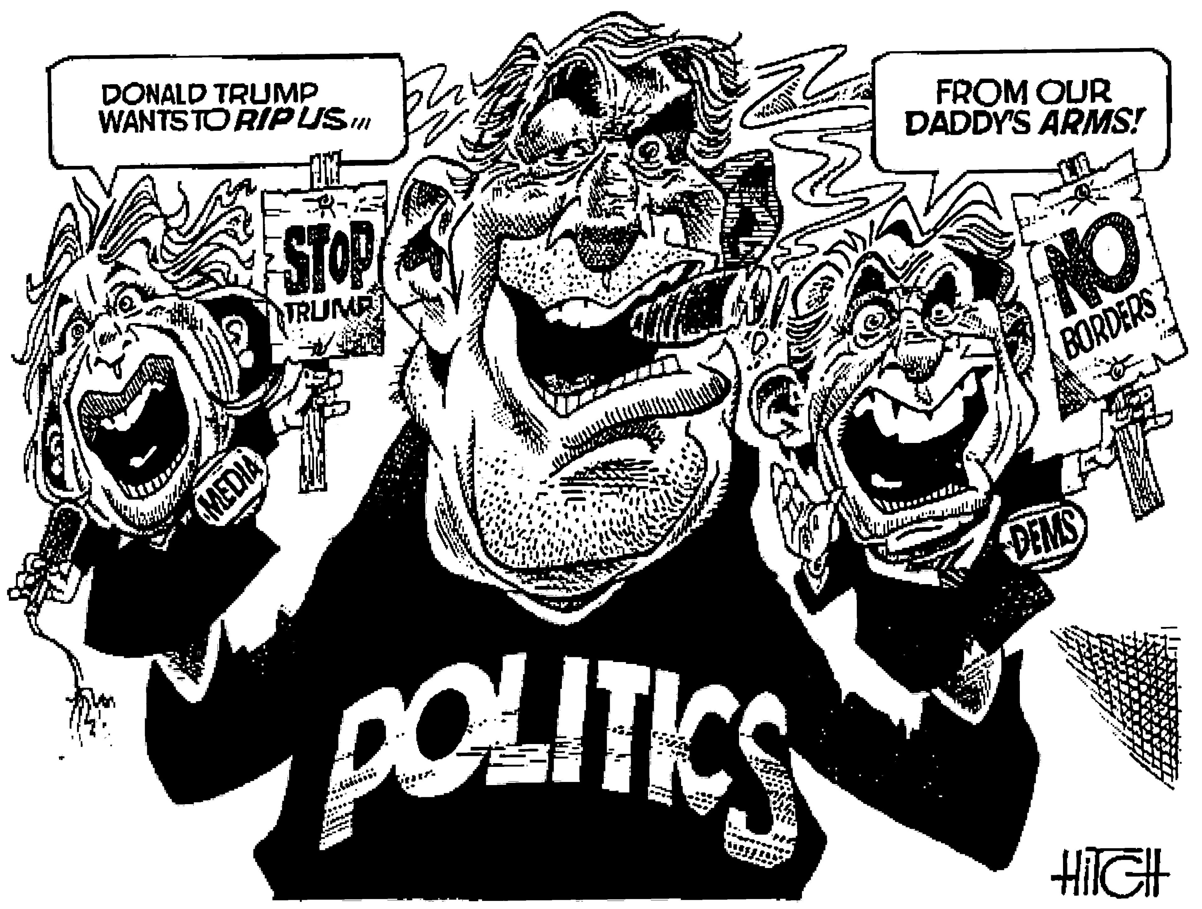Illustration OCR: DONALD TRUMP WANTSTO RIPUSm STOP FROM OUR DADDY'S ARMS! TRUMP BORDERS MEDIA DEMS HiIGH DONALD TRUMP WANTSTO RIPUSm STOP FROM OUR DADDY'S ARMS! TRUMP BORDERS MEDIA DEMS HiIGH