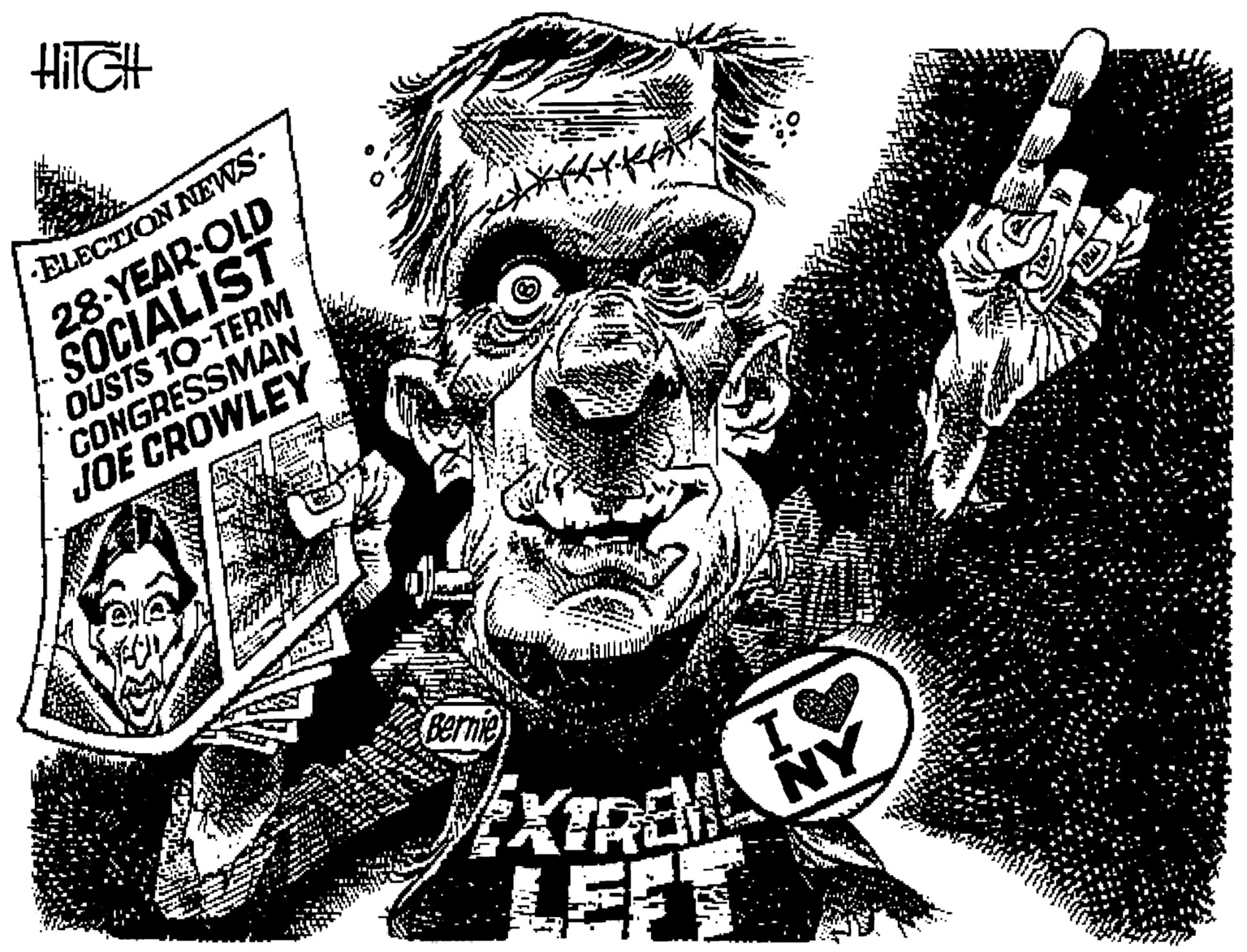 Illustration OCR: ELECTION NEWS- 28-YEAR-OLD SOCIALIST OUSTS 10-TERM CONGRESSMAN JOE CROWLEY Bernie EXIRA NY ELECTION NEWS- 28-YEAR-OLD SOCIALIST OUSTS 10-TERM CONGRESSMAN JOE CROWLEY Bernie EXIRA NY