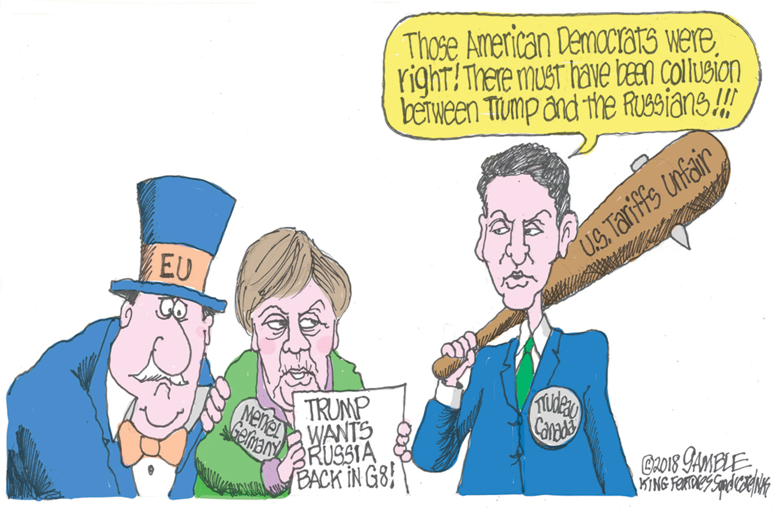 Event OCR: Those American DemocrSTs wereright! There musT have BEEN ÇOlNUsion BETMEEN Trump and the RuBsians! EU US Tariffs Unfair TRUNP WANTS BRUSSIA AGeman EACK IN G8! Caned CRO18 GAMELE Those American DemocrSTs wereright! There musT have BEEN ÇOlNUsion BETMEEN Trump and the RuBsians! EU US Tariffs Unfair TRUNP WANTS BRUSSIA AGeman EACK IN G8! Caned CRO18 GAMELE