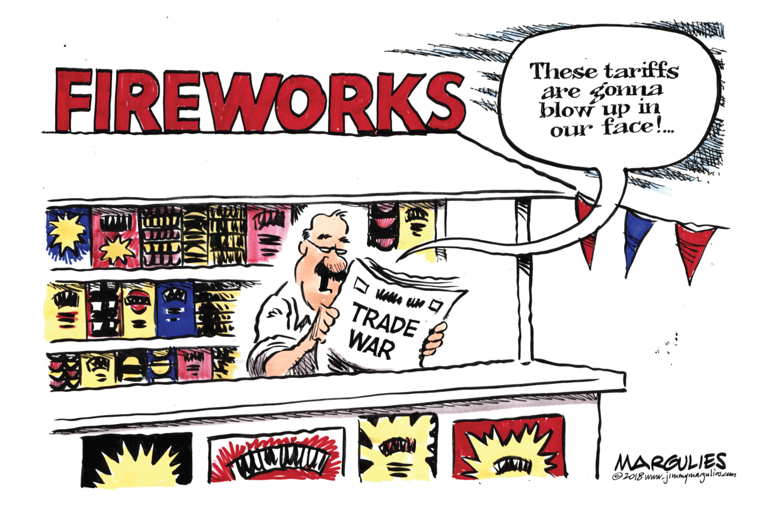 Comic book OCR: FIREWORKS These tariffs are gonna blow up in our face!. TRADE WAR MARGULIES Öz018 www.jimmyimagulimsm FIREWORKS These tariffs are gonna blow up in our face!. TRADE WAR MARGULIES Öz018 www.jimmyimagulimsm