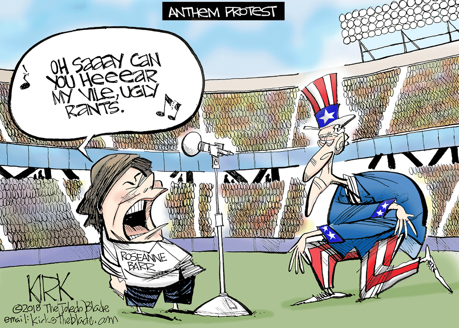 Tongue OCR: ANTHEM PROTEST OH SAY CAN OU Heeear MY VILEUGLY RANTS. WIA ROSEANNE BARR KRK ©2018 The Joedo Blade emai li kirkotheblado. am ANTHEM PROTEST OH SAY CAN OU Heeear MY VILEUGLY RANTS. WIA ROSEANNE BARR KRK ©2018 The Joedo Blade emai li kirkotheblado. am