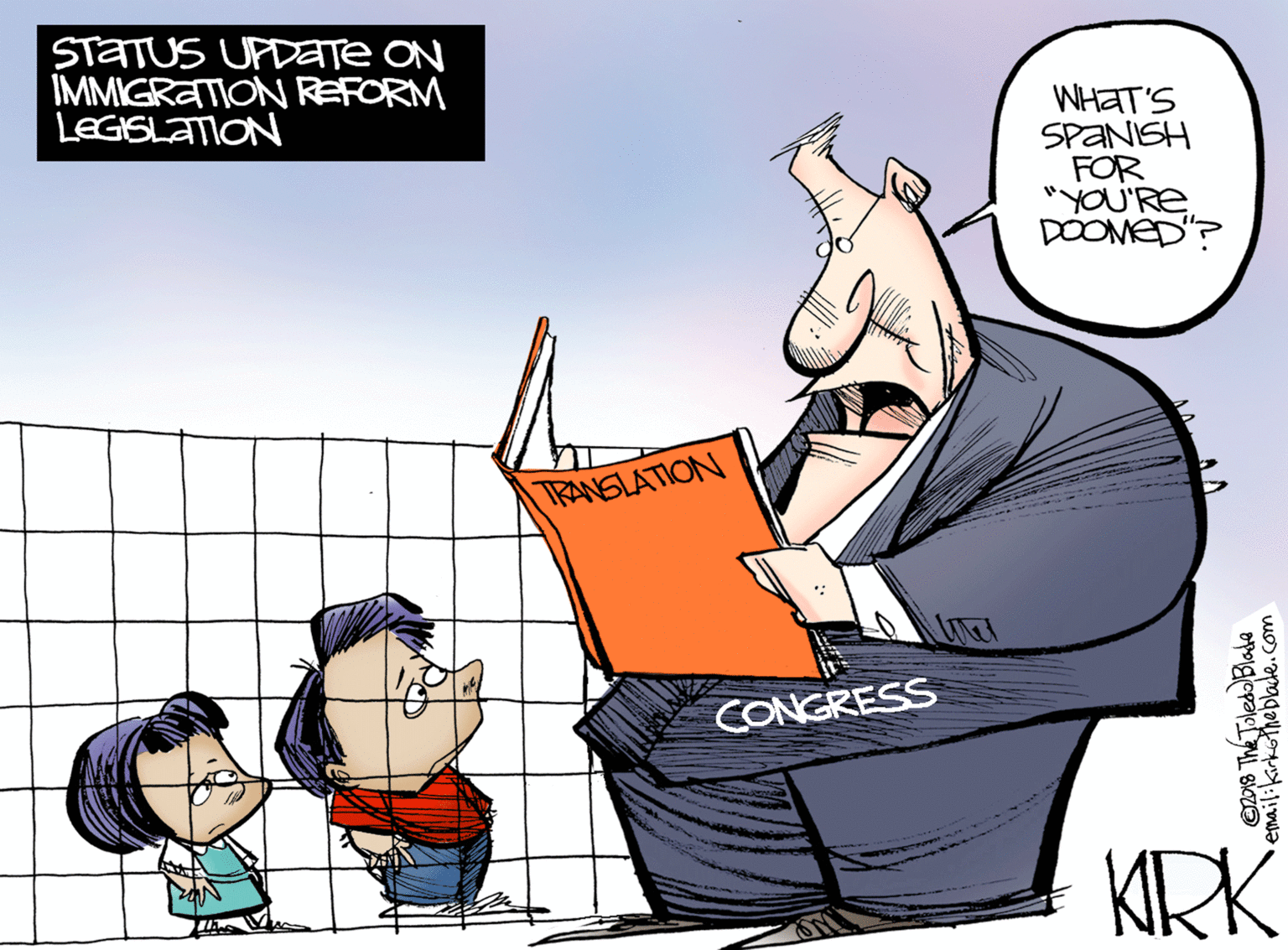 Animated cartoon OCR: STATUS UPDate ON IMMIGRATION REFORM LEGISLATION WHAT'S SPANISH FOR "YOU'ReDOOMED"? TRANSLATION CONGRESS KIRK STATUS UPDate ON IMMIGRATION REFORM LEGISLATION WHAT'S SPANISH FOR "YOU'ReDOOMED"? TRANSLATION CONGRESS KIRK
