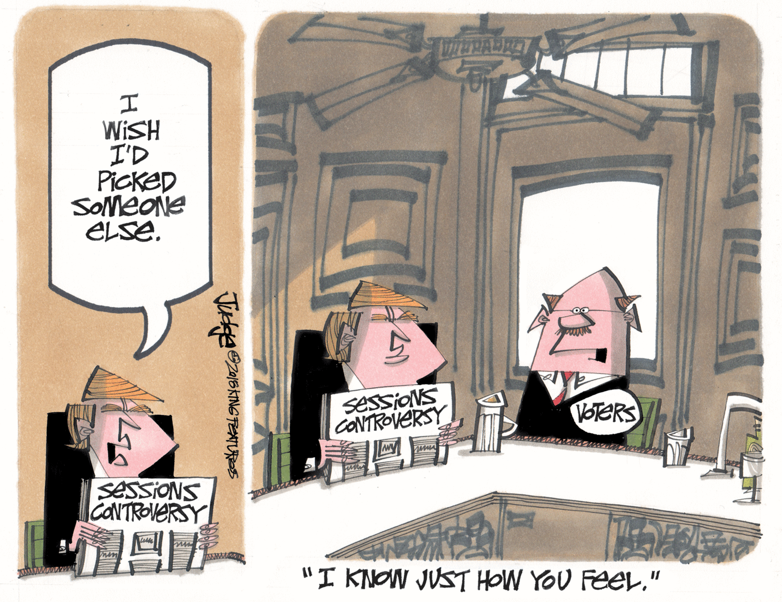 Animated cartoon OCR: WISH I'D PicKED SOmeONe ELSE. sessioNS CONTROVERSY VOTERS SESSIONS CANTROVERSY "I KNOW JUST HOW YOU FEEL" ?) WISH I'D PicKED SOmeONe ELSE. sessioNS CONTROVERSY VOTERS SESSIONS CANTROVERSY "I KNOW JUST HOW YOU FEEL" ? )
